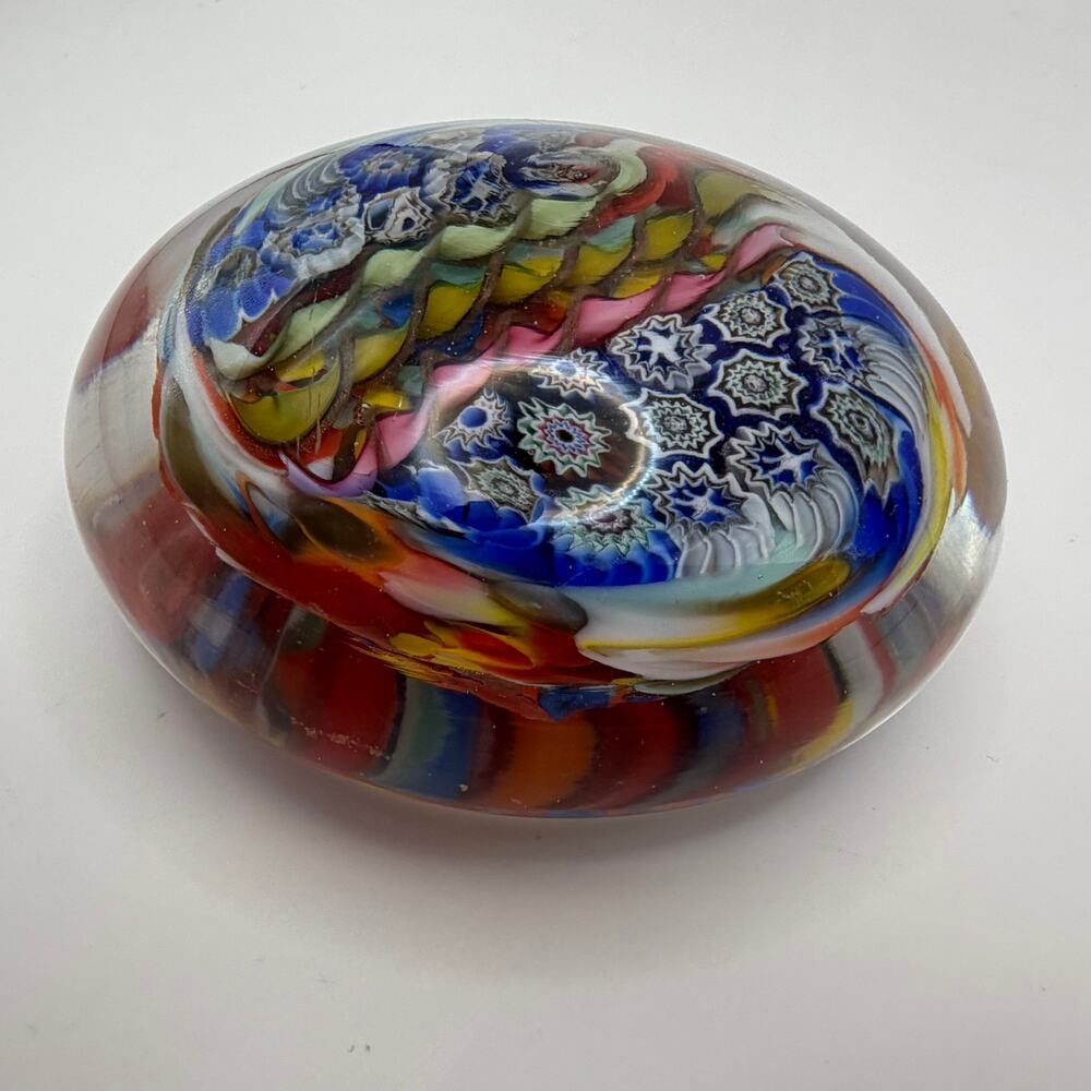 Vintage Murano Art Glass Paperweight Large 4" Millefiori Latticino Ribbon Italy